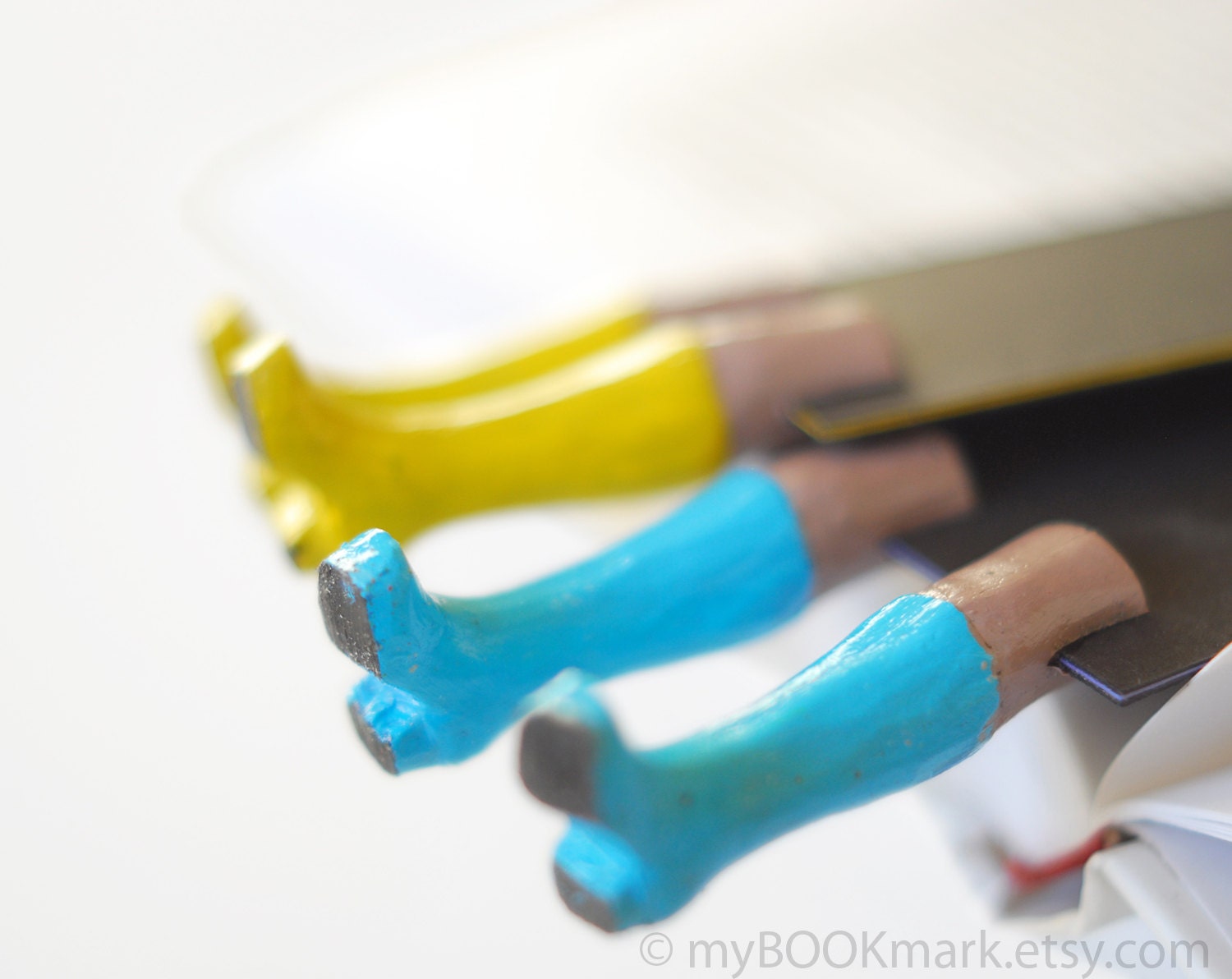 Set of 2 Unusual art bookmarks. Aqua blue and sunny yellow boots in the book. Legs in the book. Funny neon gift for her .