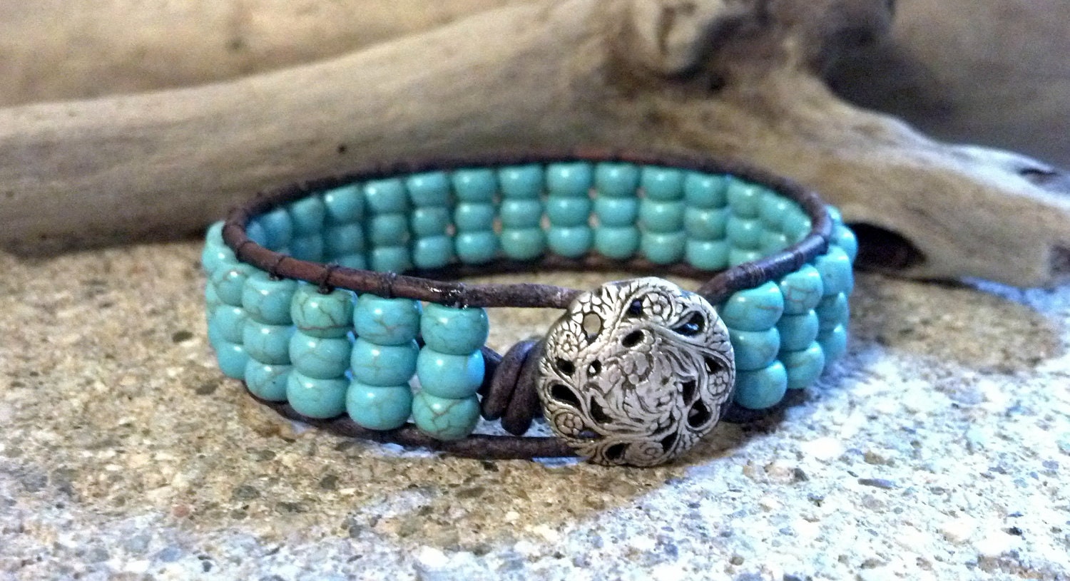 SALE 20% off Turquoise Magnesite, Beaded Leather Wrap Bracelet, Chic Leather Cuff, Southwestern Chic