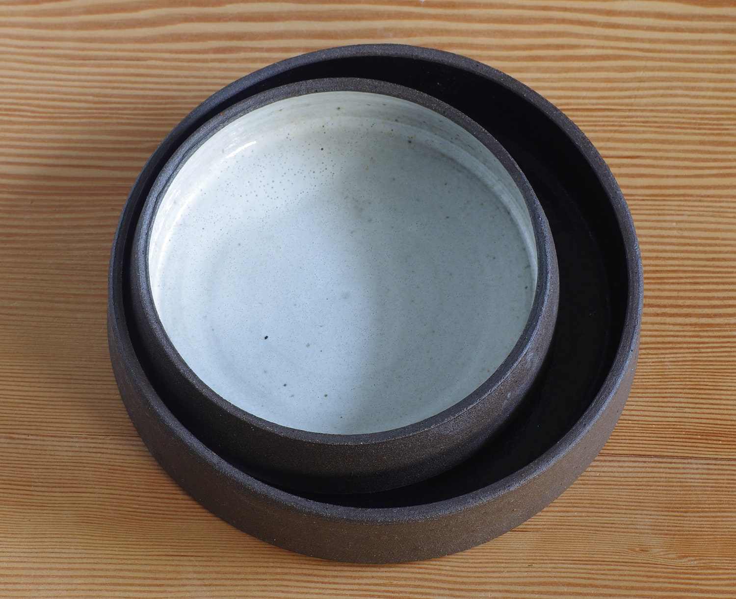 SALE brown tray set with black and white glazed interiors.  stoneware. flat bowls, home decor display trays. modern minimal home decor