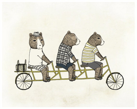 3 Bears On A Bicycle - Illustration Print - 8x10 Art Print