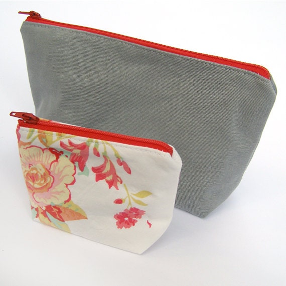 Set of Two Makeup Bags- Gray and Floral- Zippered Bags