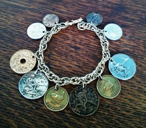 Vintage Bracelet, Coro coin charm designer bracelet, Real world coins Excelent condition, Statement Piece