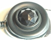 Retractable Carabiner Badge & ID Holder Decorated with Vintage Black and Glass Buttons, Black Lanyard Included