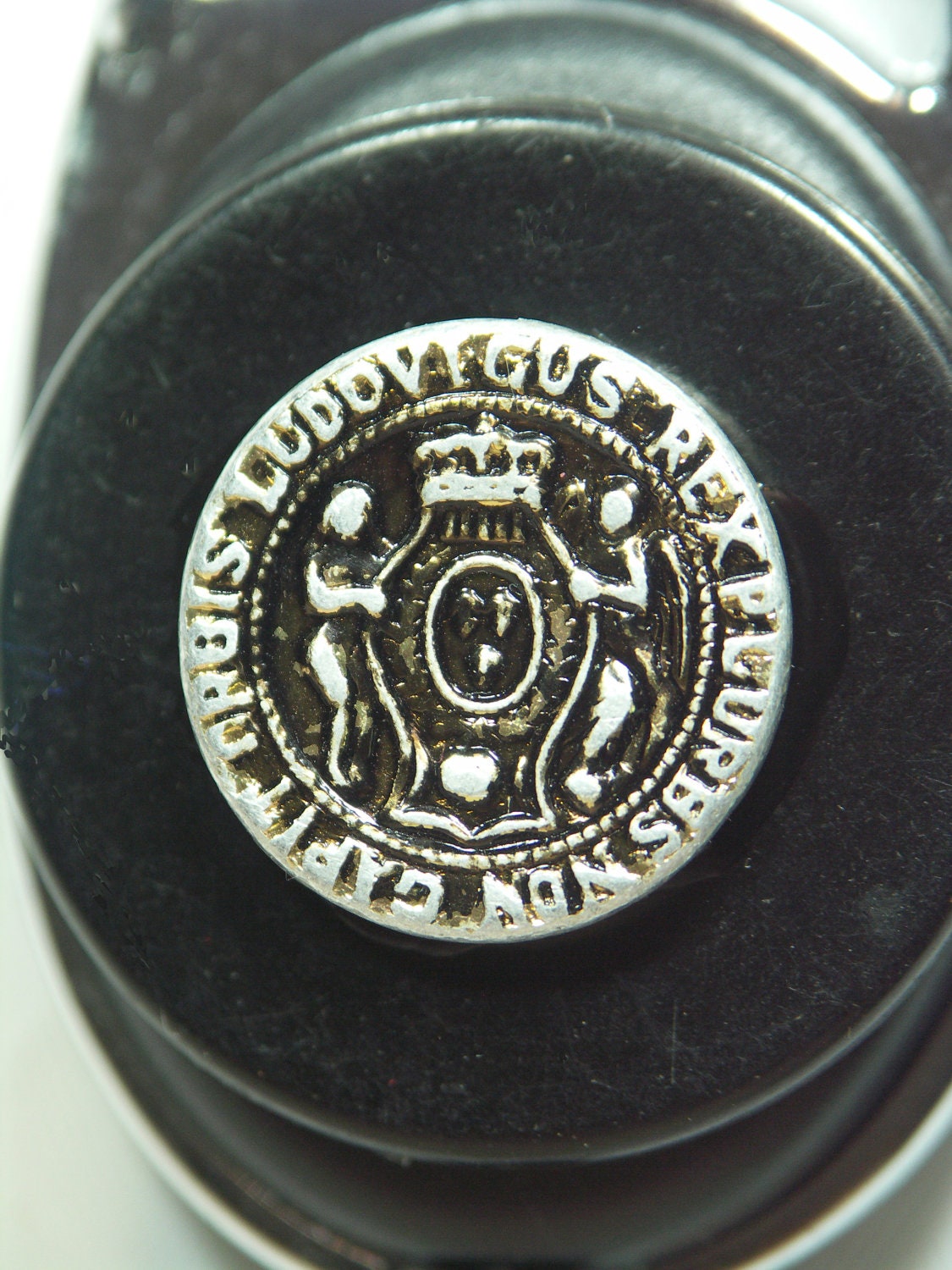 Retractable Carabiner Badge Reel & ID Holder Decorated with Vintage Black and Silver Buttons, Black Lanyard Included
