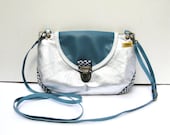 VEGAN Silver Metallic Cotton Canvas Cross Body Shoulder Bag Purse Clutch with Vinyl Teal Blue Flap Adjustable Detachable Strap