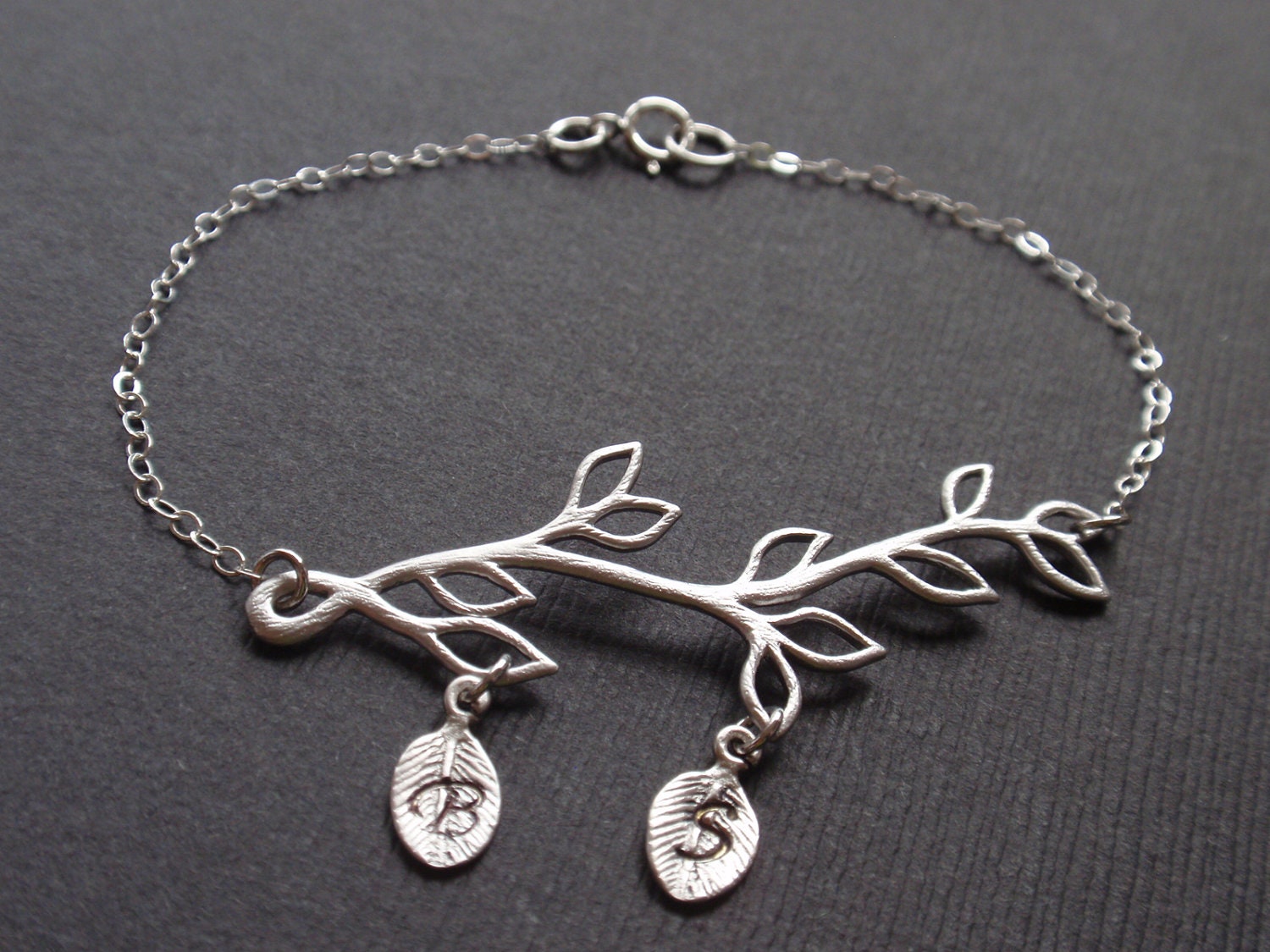 Personalized Initial Two Leaf, Branch pendant Bracelet - with Sterling Silver chain