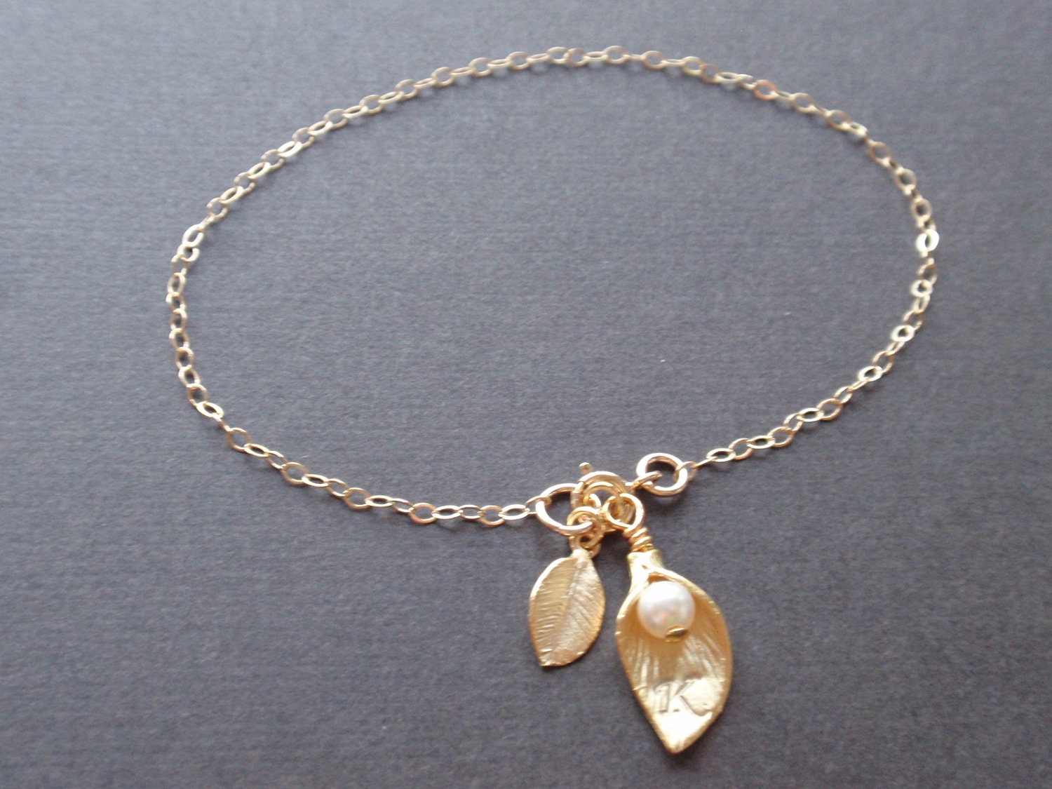 Personalized Initial Cara, Leaf Bracelet - with 14k gold filled chain
