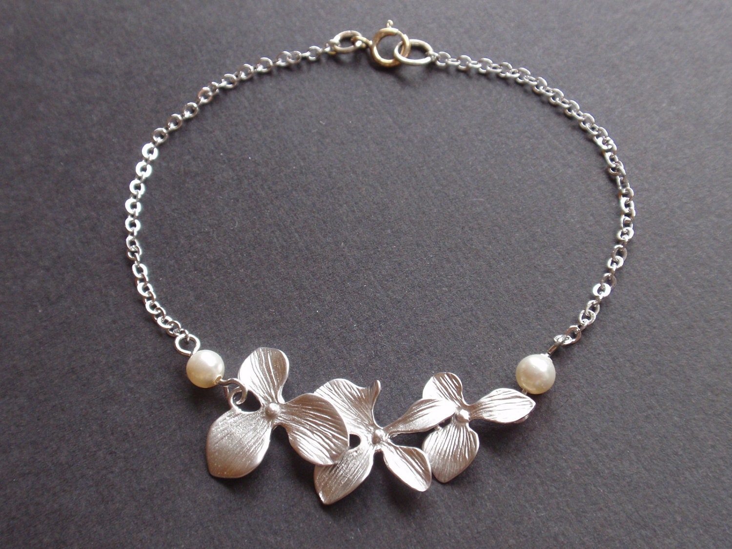 Triple Orchids, Flower with Pearls Sterling Silver Bracelet -simple everyday jewelry- Bridesmaid gift, Wife, Girlfriend, Mothers Gift Idea