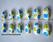 Blue and Green Floral Nail Art