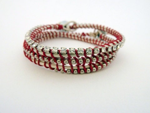 Set of 2 bracelets / ball chain & rhinestone friendship bracelet set / white red / valentine's day sweetheart - sukoshishop