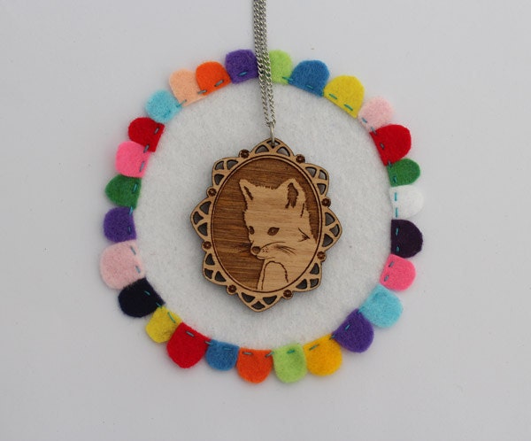 Laser cut wood necklace - Adorable little foxy fox cameo - natural wooden finish