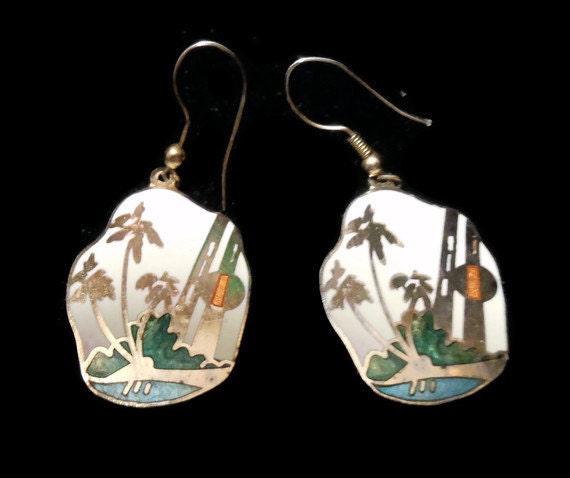 Vintage 1960's enamel deco earrings 'At the Oasis' gold over silver