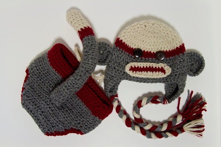 ON SALE - Girls and Boys Sock Monkey Diaper Cover & Hat Set - Available in different colors - Newborn to 6 month size