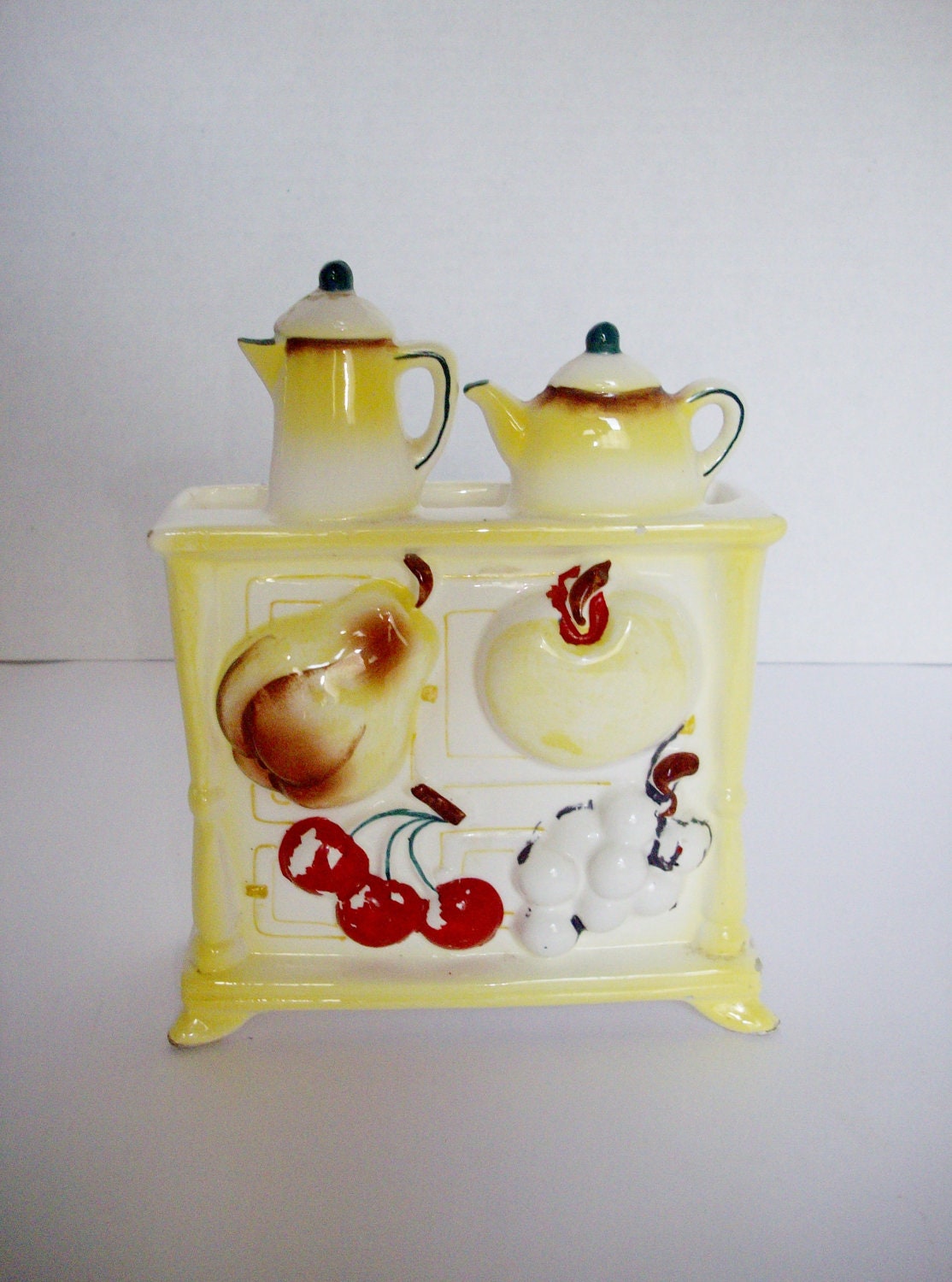 Vintage Wall Pocket Wall Hanging Letter Holder Fruit Coffee Pot Teapot Chippy Painted Ceramic