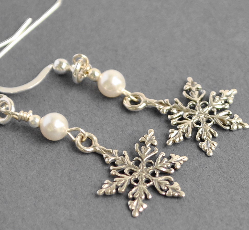 Silver Snowflake Earrings, White Pearl Dangle Earrings, Drop Earrings, Sterling Silver Handmade Jewelry