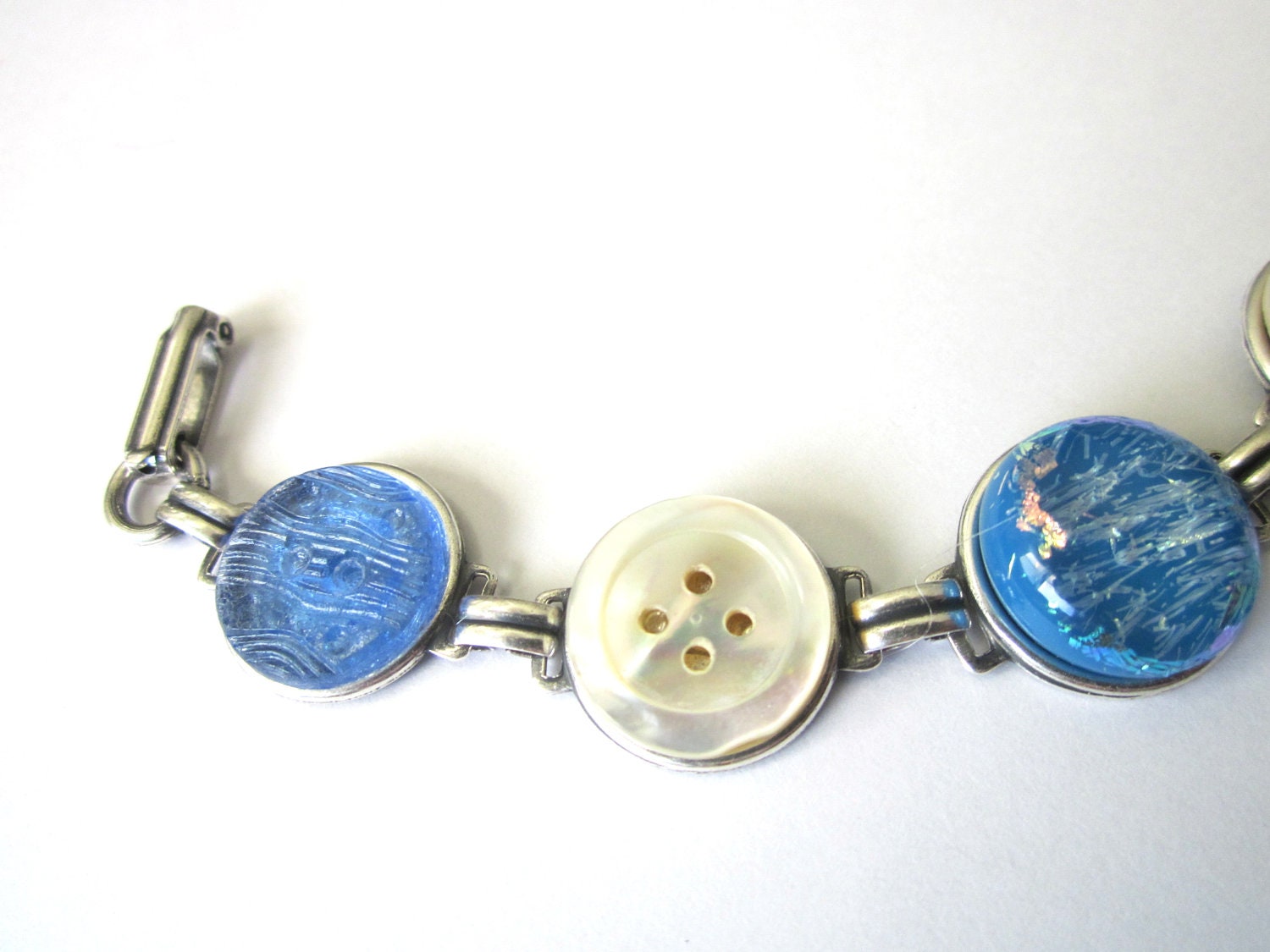 WATER POLO antique button bracelet, china stencil button, blue glass & shell buttons. One of a kind