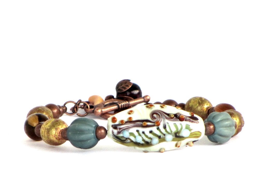 Turquoise Lampwork Beaded Bracelet, Copper, Orange, Brown, Green Lampwork, Boho Chic, Gift for Her