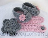 Baby Girl Shoes / Slippers / Booties and Headband Pink & Grey, Flower SET - YOUR choice size - (newborn - 12 months) - photo prop - children
