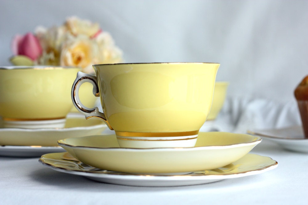 Colclough bone china tea set in vibrant yellow: vintage tea cup, saucer, plate perfect for a wedding or special tea party