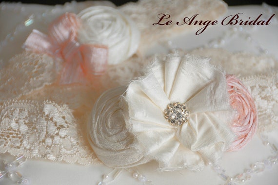 ON SALE/SET- Silk garter set in Peach Pink