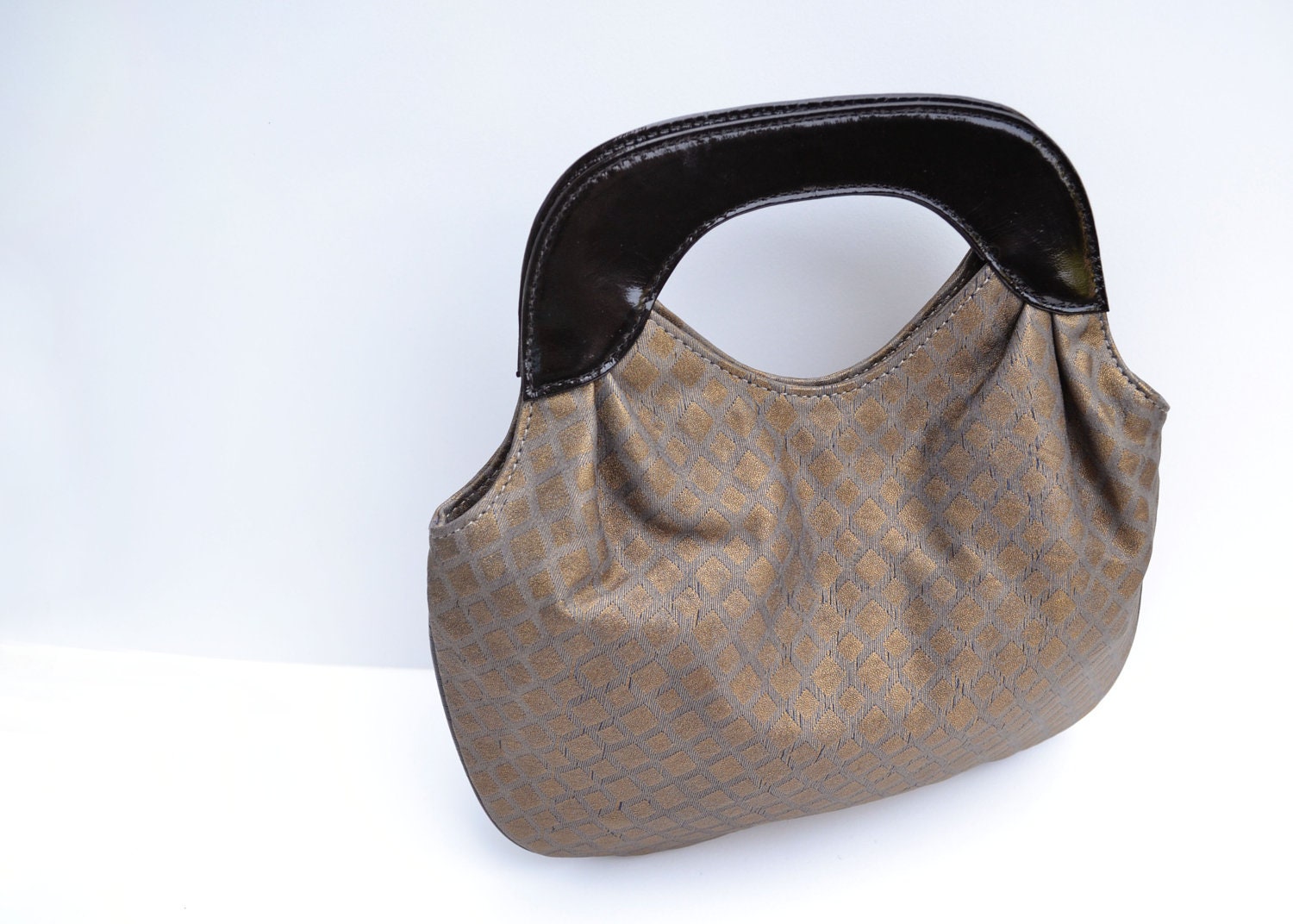 Clutch Simple Evening Bag Purse in Black Patent Leather with Metallic Bronze Diamonds Classic Retro Mod Date night