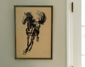 Large Vintage Horse Needlepoint Framed Wall Art Grey Mare Stallion Rustic Horse Farmhouse Chic Decor