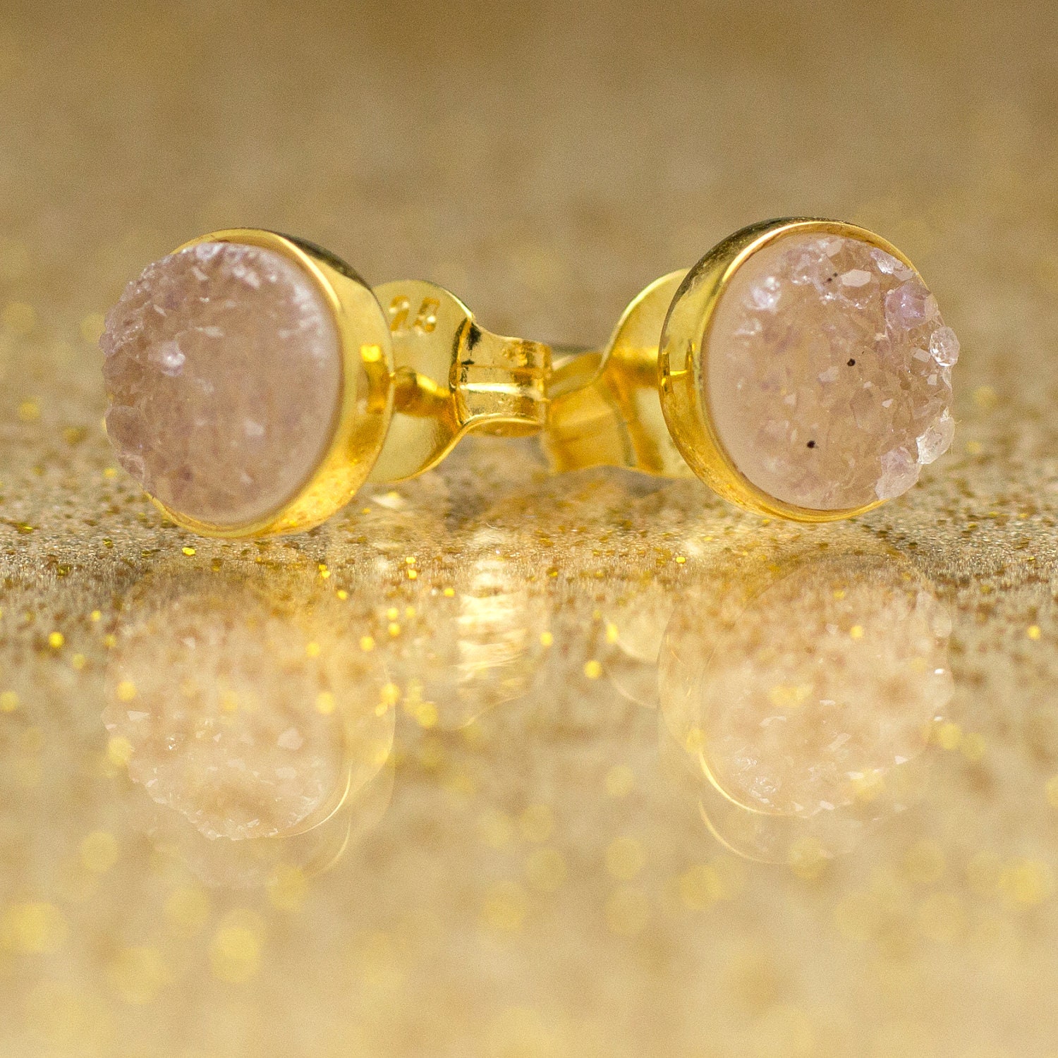 Drusy Quartz Stud Earrings - 24k Gold Vermeil - 6mm Round - Light Pink Drusy Quartz