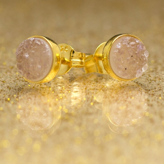 Drusy Quartz Stud Earrings - 24k Gold Vermeil - 6mm Round - Light Pink Drusy Quartz