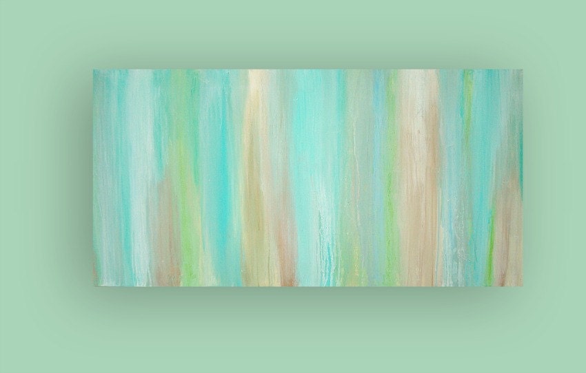 RESERVED for a Client. Aqua Original Abstract Acrylic Painting Fine art on Gallery Canvas Titled: JUST A WHISPER 24x48x1.5" by Ora Birenbaum