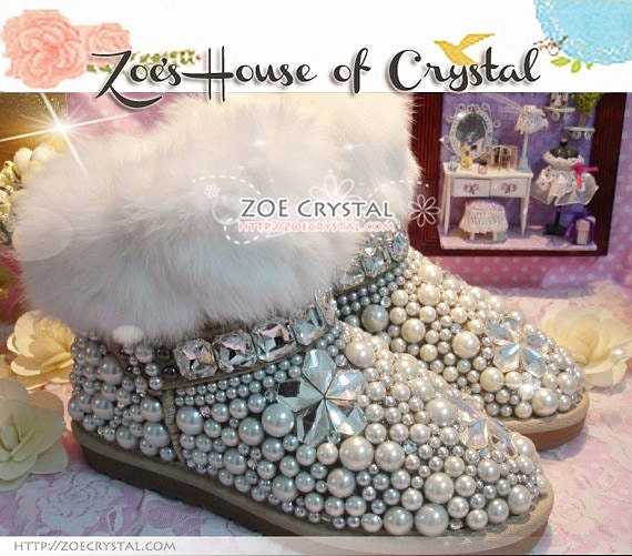 WINTER Sheepskin Cuff Wool Boots with PEARLS and Crystal FLOWERS