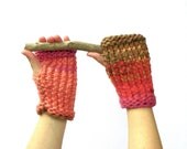Red Fingerless Gloves, Brown Fingerless Mittens, Rustic Womens Wool Gloves, Chunky Mitts, Winter Fashion