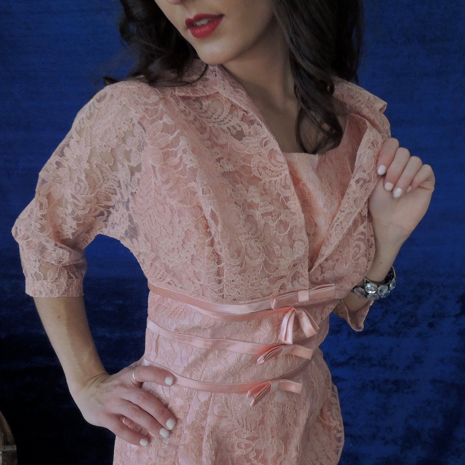 Vintage 1950s lace satin pink dress/ bolero jacket/ 1950s dress/ pink dress/ vintage dress//vintage jacket/vintage suit/ womens/vintage lace