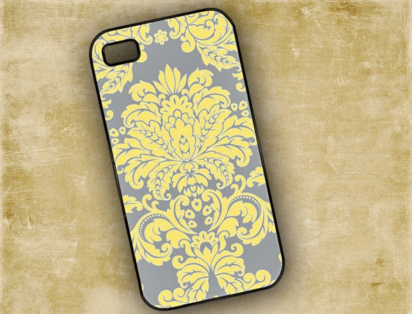 Iphone 4 case - Gray and yellow damask - Iphone 4 cover and 4s cover (9587)