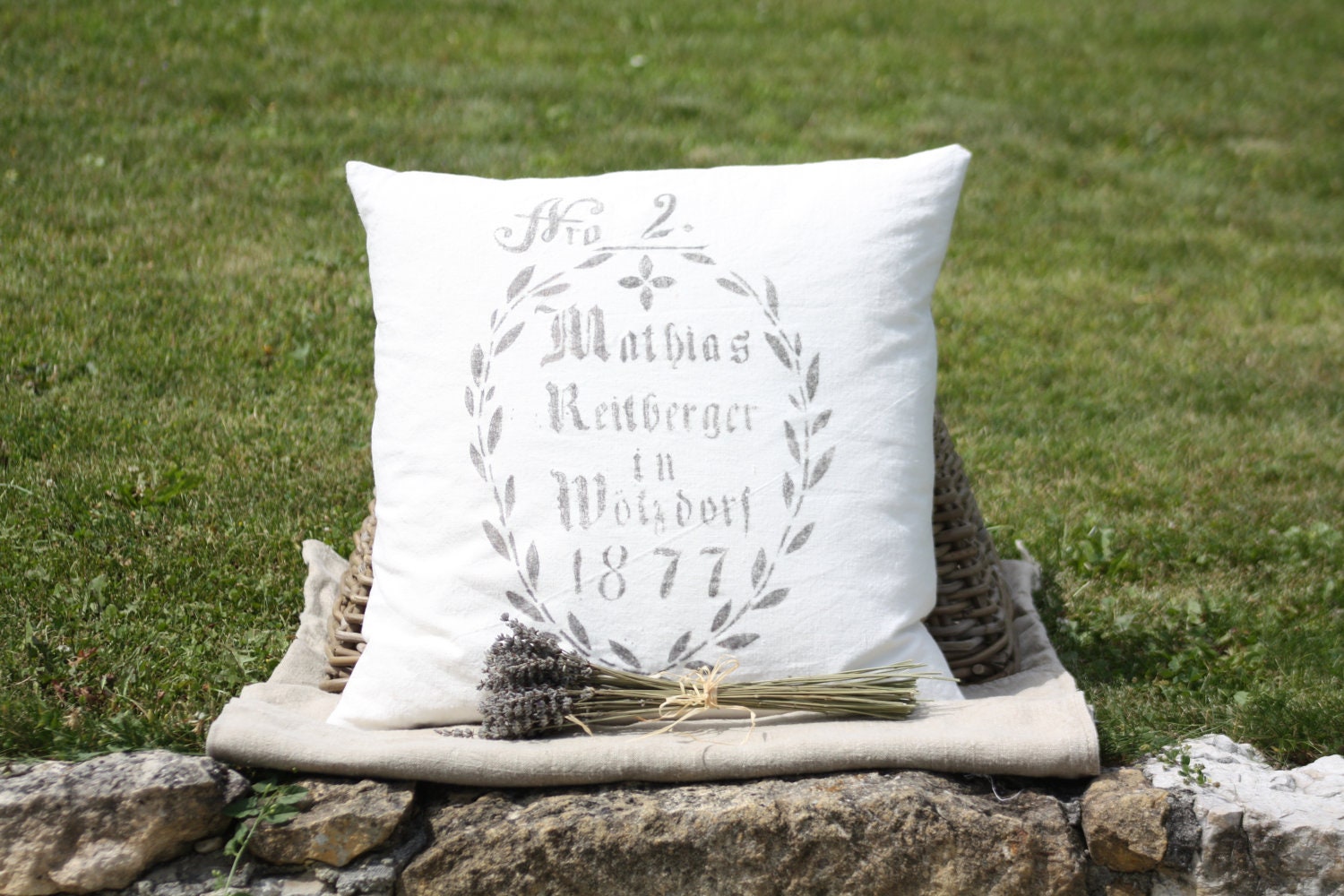 1877 German Grain Sack Pillow on Vintage French Linen