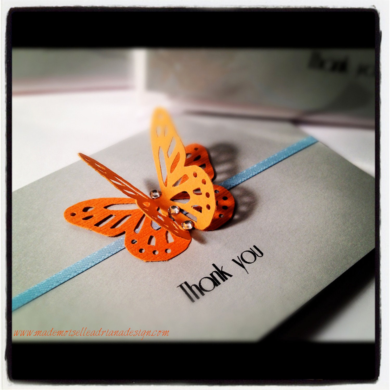 Butterfly Thank You note card with envelope with satin ribbon and crystals, perfect for wedding or Holiday season.
