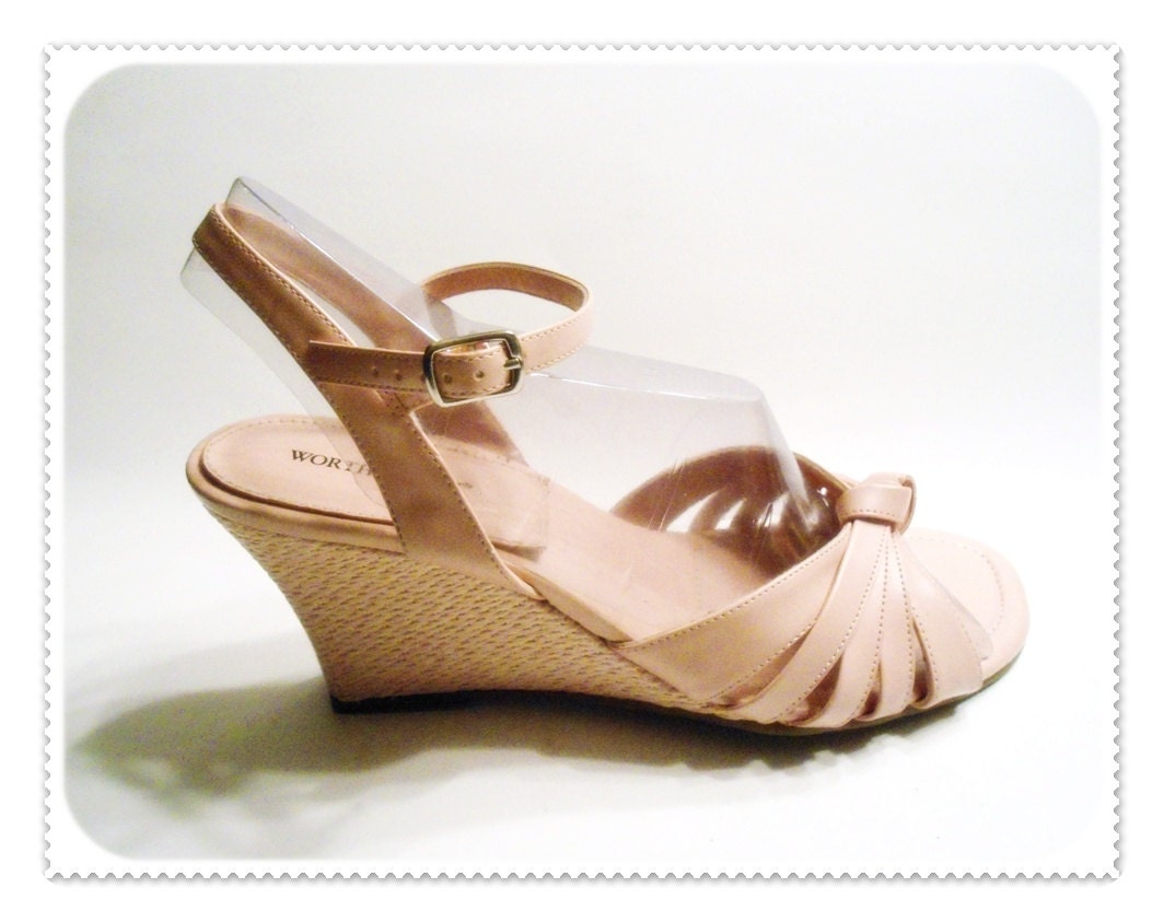 Vintage PASTEL PINK Wedge Ankle Strap Sandals - Size 9 - Worthington - Womens High Heels Strappy - pursenbootz