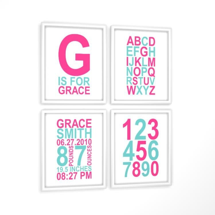 Personalized nursery wall decor, baby name print, birth stats, alphabet, numbers print, set of 4, 8x10CUSTOM COLORS