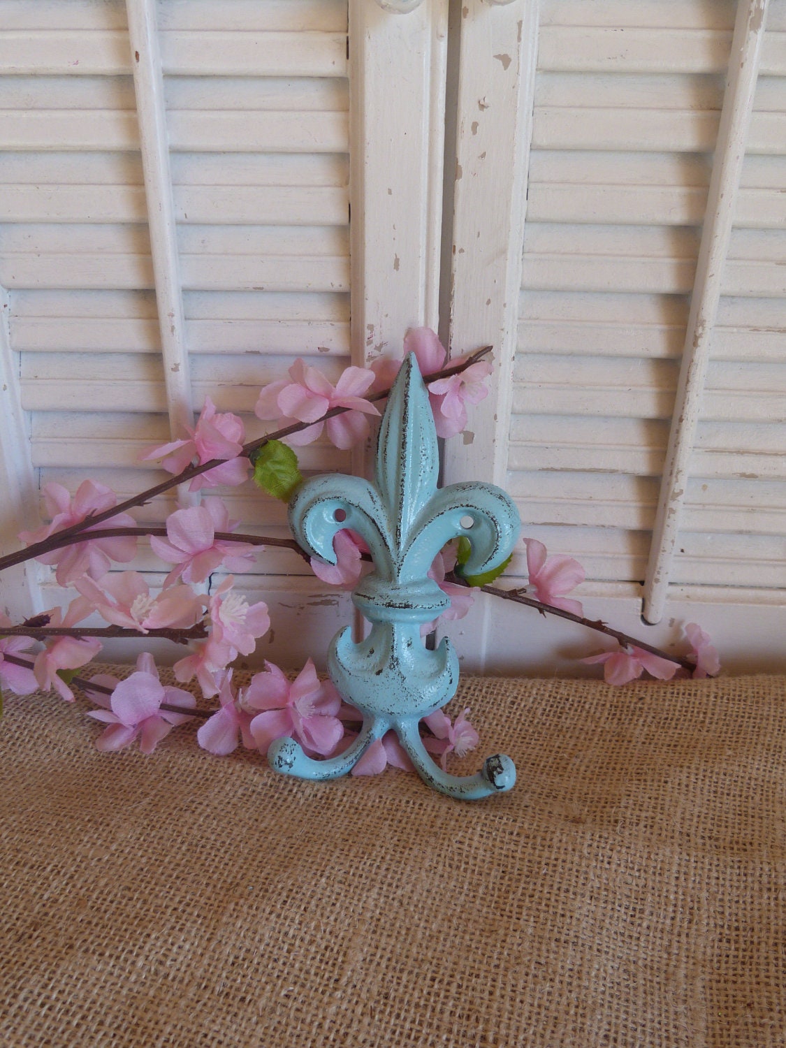 Aqua Blue / Blue / Iron Fleur De Lis /  Double Wall Key Hanger Hook / Necklace Rack Organizer / Cottage Chic / Shabby and Chic