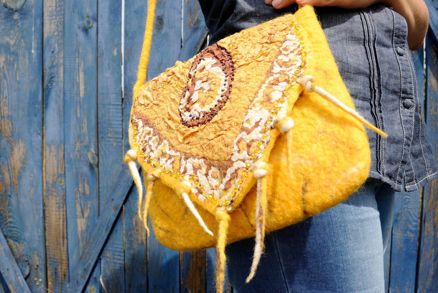 Felted handbag yellow with unique ethnic designs