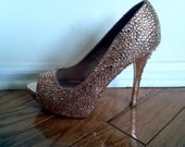 Womens Christian Louboutin Style Gold Rhinestone Peep Toe High Heel Shoes