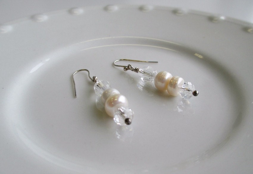 Bridal, Swarovski Crystal Freshwater Pearl Sterling Silver earrings Under 25