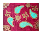 India style Acrylic Painting - Hand Painted Detailed Designs - Magenta Turquoise & Gold -  16 in by 20 in Canvas