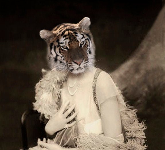Raquel - Vintage Tiger 8x10 Print - Anthropomorphic - Altered Photo - Tiger Art - Photo Collage - Gift Idea - Whimsical Art