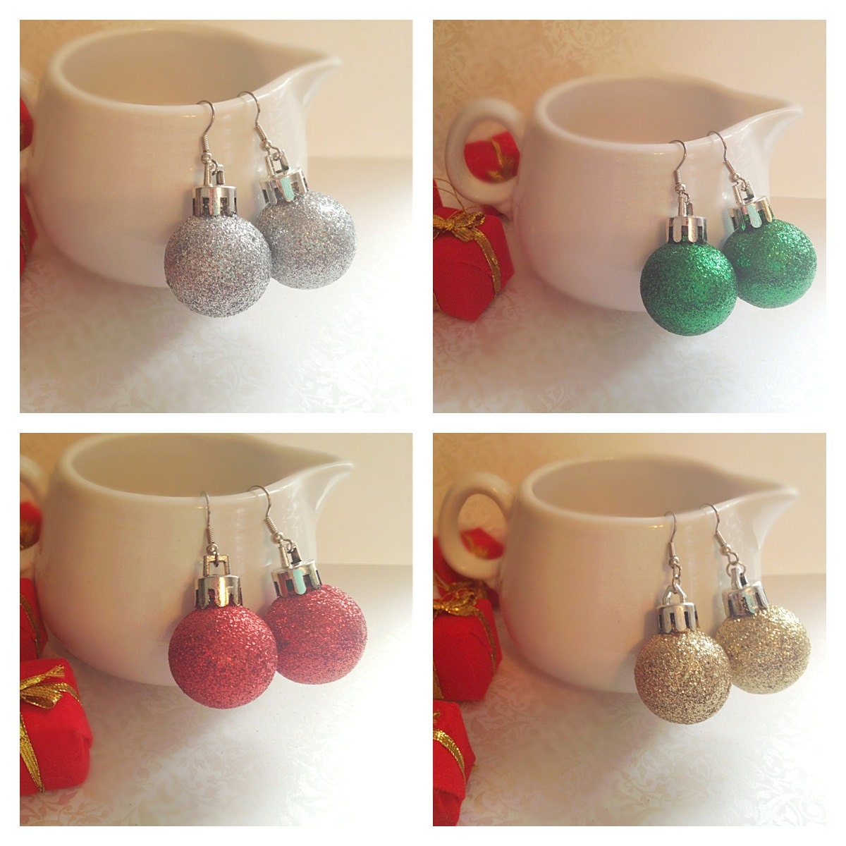 Glitter Christmas Ball Dangle Earrings. You Choose. Red. Green. Gold. Silver. Round. Christmas. Gift. Holiday. Festive. Ten Dollar Jewelry.