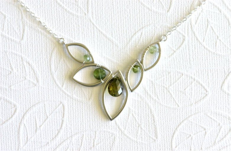 October Birthstone Necklace, Tourmaline Faceted Pear, Coin, Rondelles, Silver Marquise Leaf Link, Sterling Silver Chain and Wire. N052b.