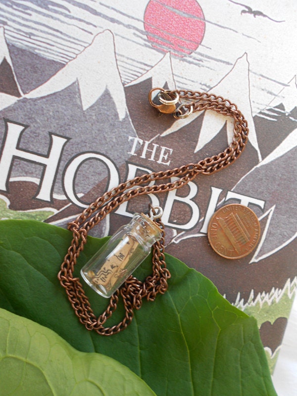 Thorin's Map, the Hobbit, Bottle Necklace with tiny ring