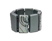 Silver Green Bracelet, Elastic Cuff, Chunky Statement Jewelry
