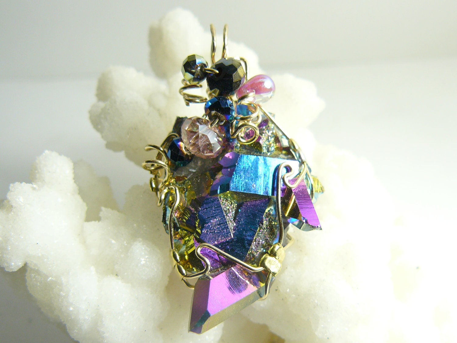 AURORA CRYSTAL Wire Wrapped Pendant wrapped in 14kgf wire