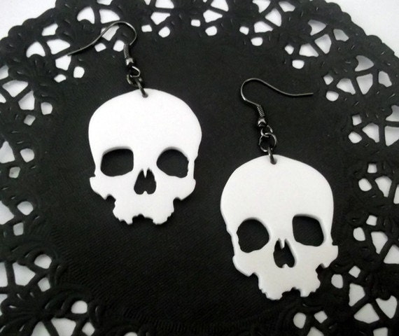 White Skull Earrings, Large Laser Cut Dangle Earrings, Creepy, Halloween