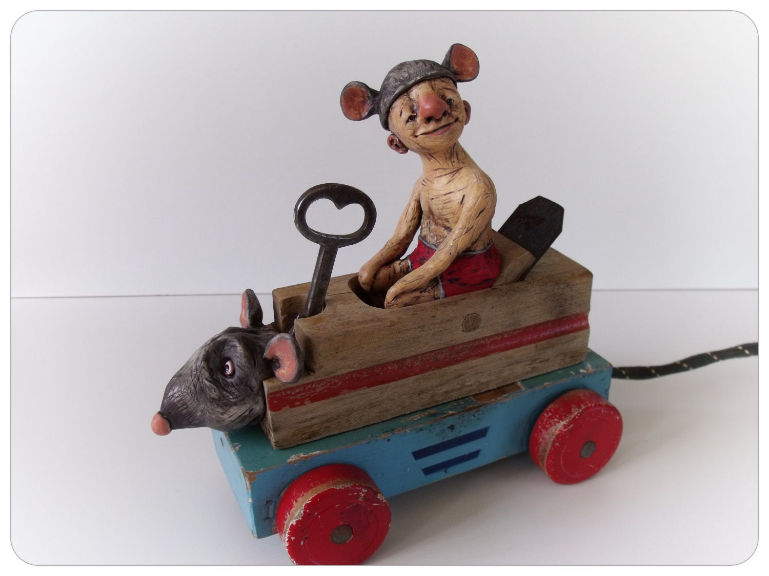 Rat-Bot - Original Assemblage - Polymer Clay - Wood Plane - Toy Car - Recycled Art